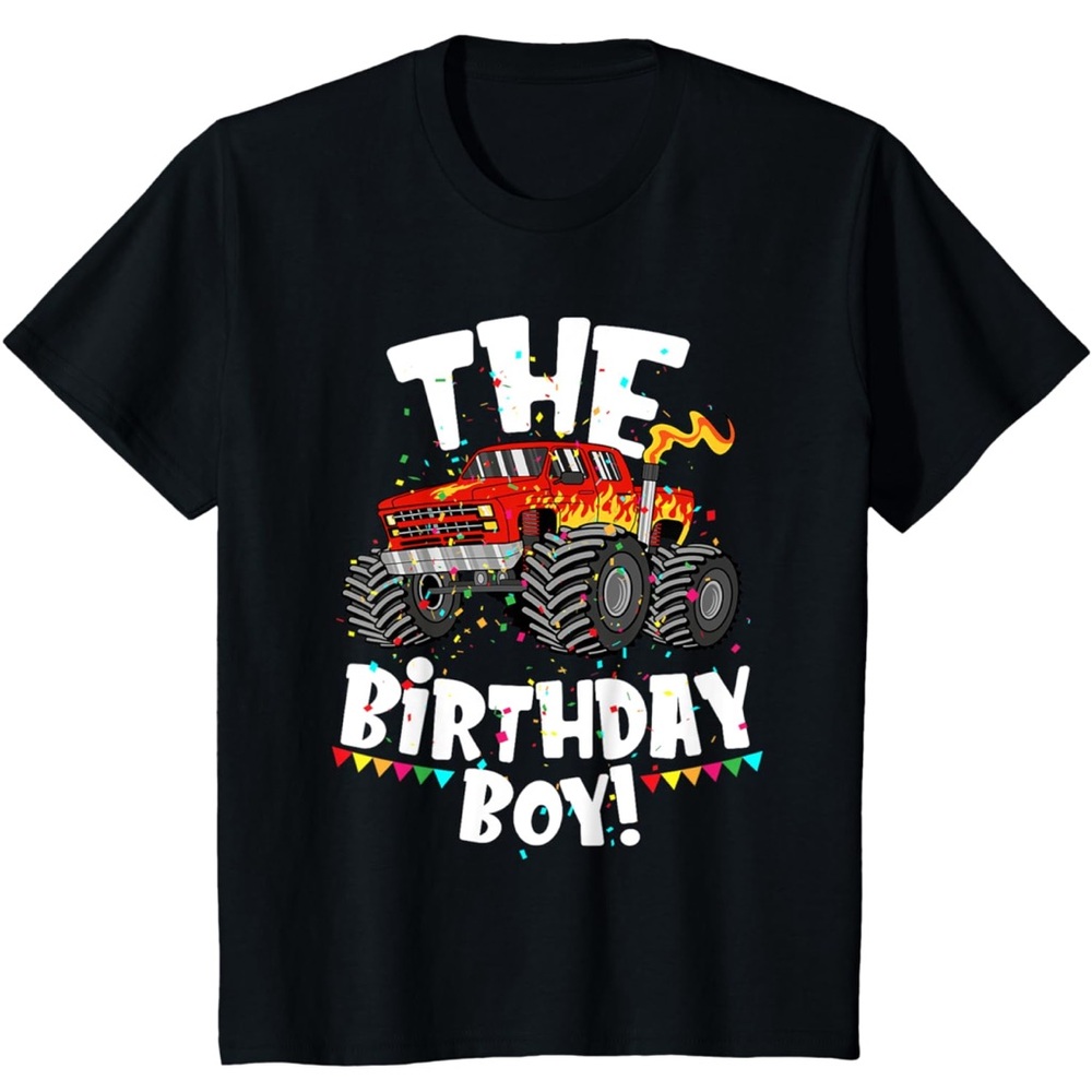 The Birthday Boy Monster Truck Jam Party T-Shirt Kids Tee Black Red XS 4 5 6
